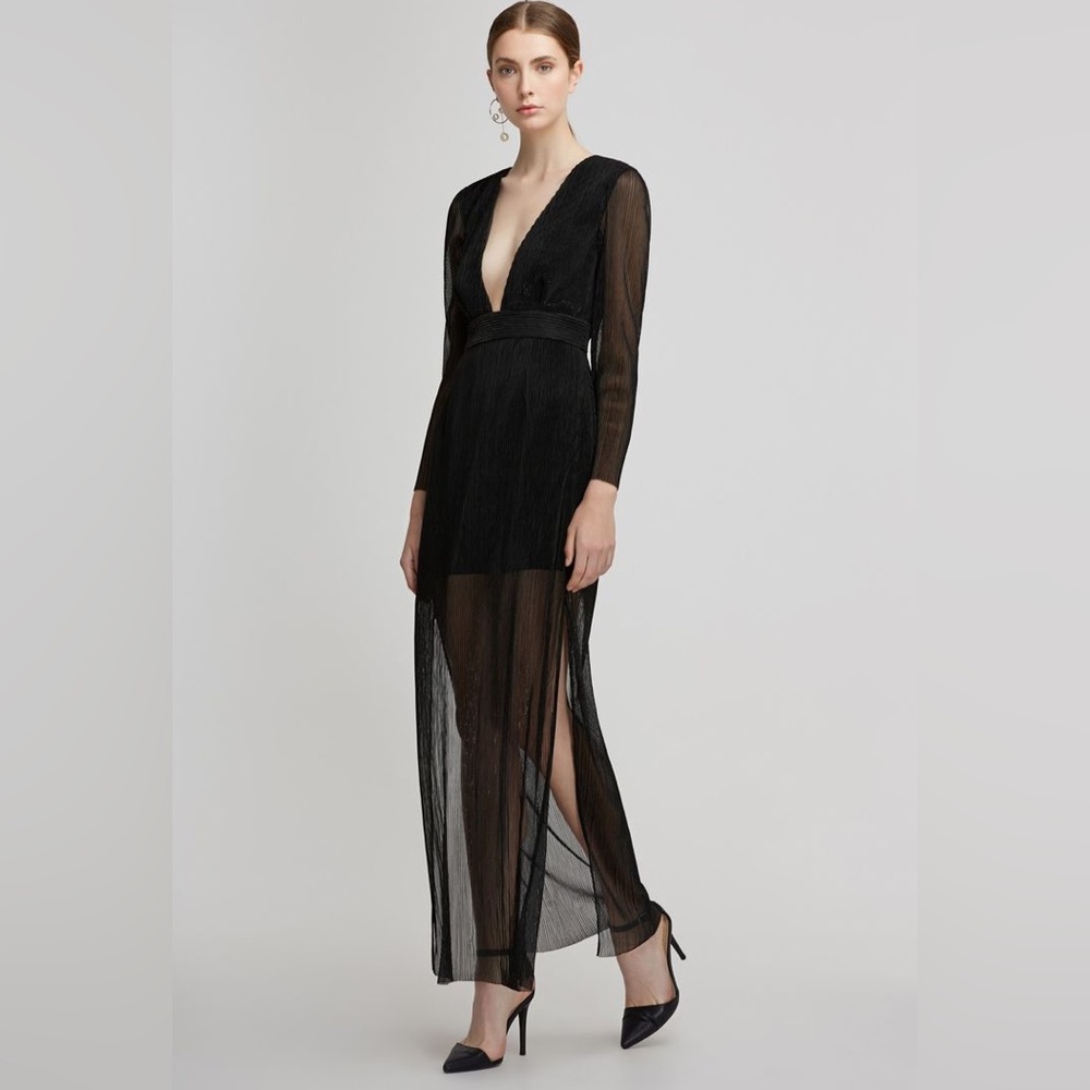 New, Never Worn- Black dress, silver stitching, low cut with sheer overlay